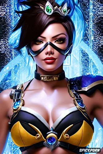 k shot on canon dslr, tracer overwatch female fantasy queen fantasy castle crown royal gown beautiful face portrait muscles