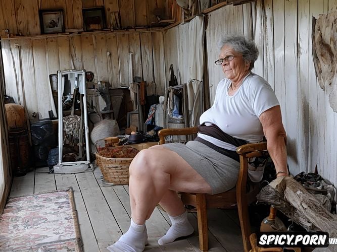 ninety year old fat woman, large empty saggy breast, old flat slippers