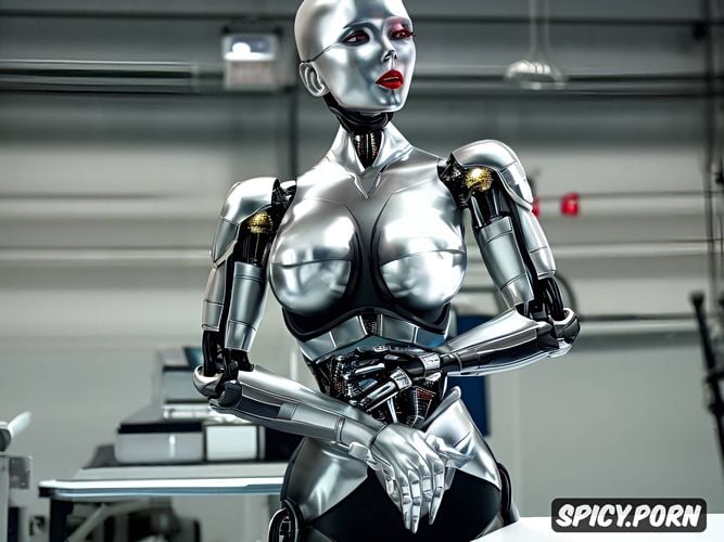 sexy blonde robot with fully metallic body and huge tits being disassembled on a table