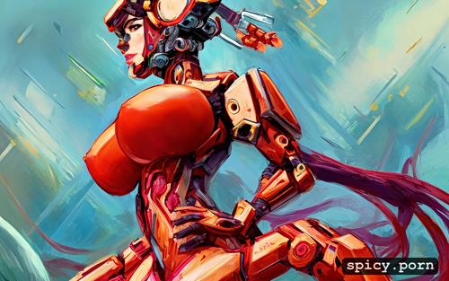 centered, precise lineart, busty, nude, strong warrior robot