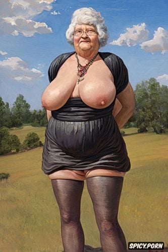 the fat grandmother has nude pussy under her skirt