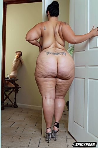 spreading ass, anal sex from behind, huge ass, busty, naked voluptuous thick bbw milf hands braced against bedroom doorway pushing back onto woman with futanari dick