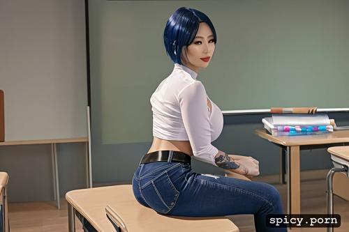 oiled body, japanese woman, blue hair, tattoos, full body, tight white shirt and jeans