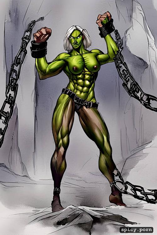 topless, leg straps, orc environment, nude boobs, shackles, fit