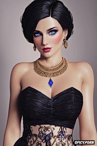 masterpiece, elizabeth bioshock infinite beautiful face pale skin blue eyes short black hair low cut strapless black evening gown elegant diamond necklace beautiful face high cheek bones young