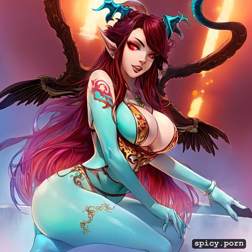 very sexy lingerie, big red glowing eyes, intricately detailed tattoos