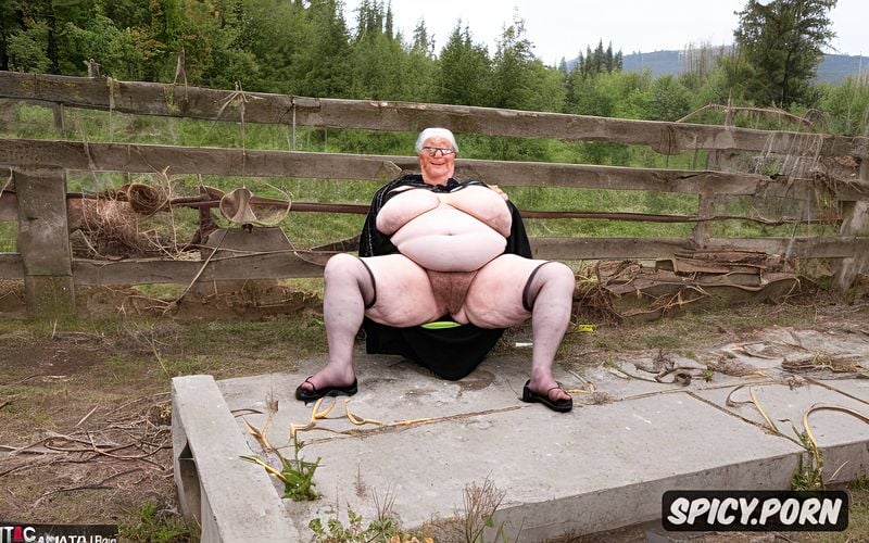 very obese, spread legs on a old soviet school, upskirt, saggy tits