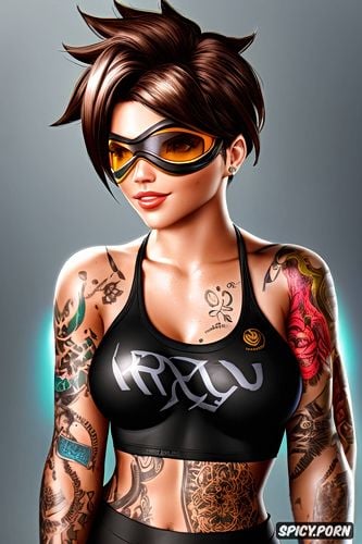 tattoos masterpiece, k shot on canon dslr, ultra detailed, tracer overwatch beautiful face young sexy low cut black yoga top and pants