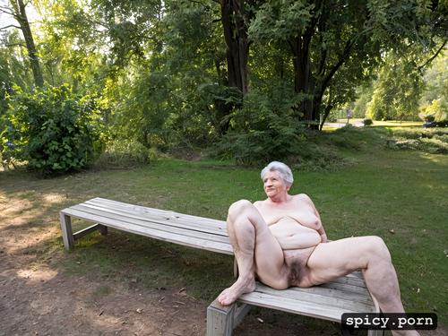 sitting on a bench in the park, on both sides of her are two 70 year old naked fat grandfathers