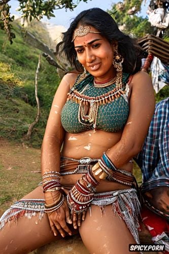 realistic photography, skin pores, a typical uneducated unadorned amateur gujarati villager female is reluctantly forced to spread open her legs to show her anus to several panchayat men