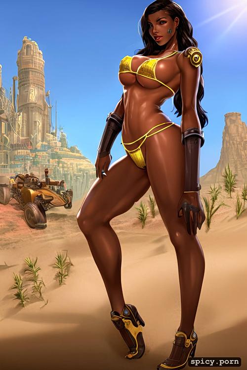 brunette hair, ebony woman, hot body, huge breasts, in desert