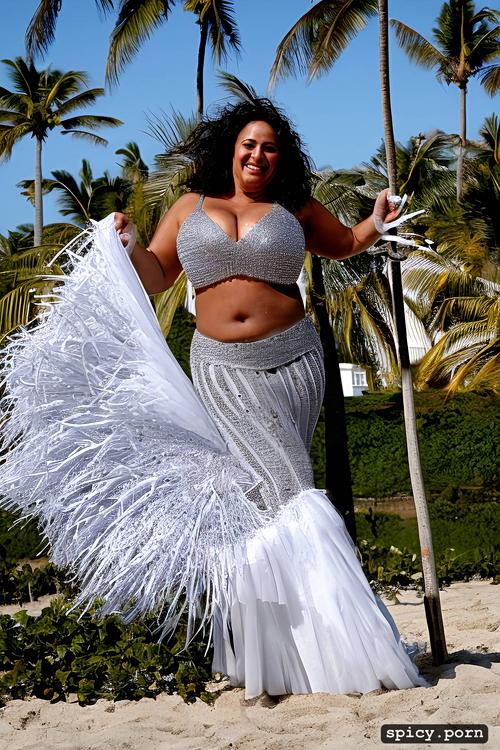 giant hanging tits, high heels, long hair, color portrait, 54 yo beautiful white caribbean carnival dancer