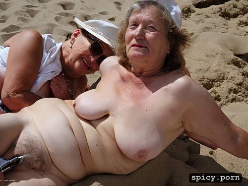an elderly naked couple is lying on the beach, both of them are very fat granny has big saggy tits very hairy pussy they have hats