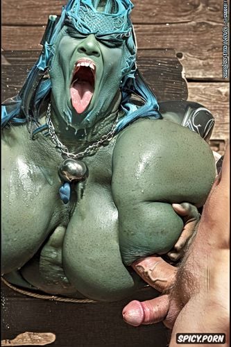 curvy, huge saggy balls, green skin, monster dick, stomach bulge