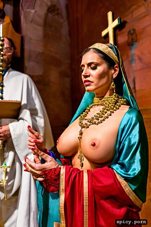 ultra detailed, sagging breasts, offering pussy, in church, sweat