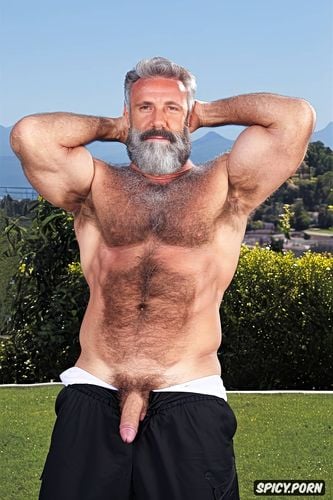 solo very hairy gay muscular old man with a big dick showing full body and perfect face beard showing hairy armpits football coach chubby body