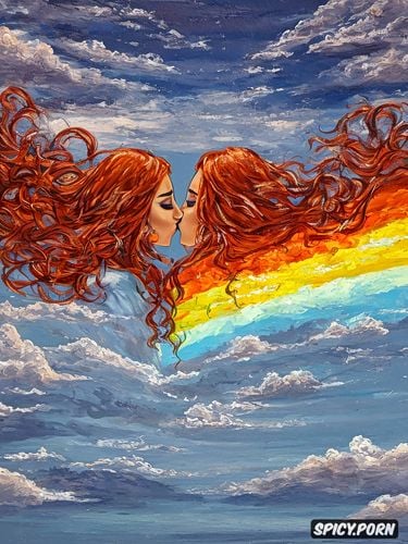 lesbian couple kissing, sidele, rainbow sky