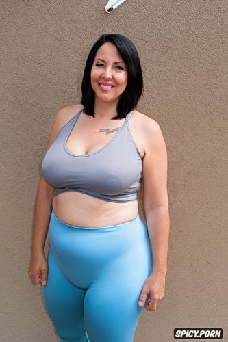 yoga pants with gradient color, see through shirt, standing up