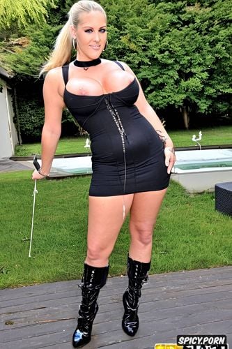 centered, tight black mini dress, choker, small saggy tits, fit body