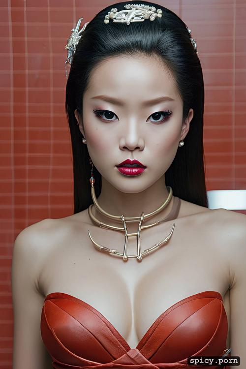 geisha, voluptuous, symmetrical facial features, hsiao ron cheng style