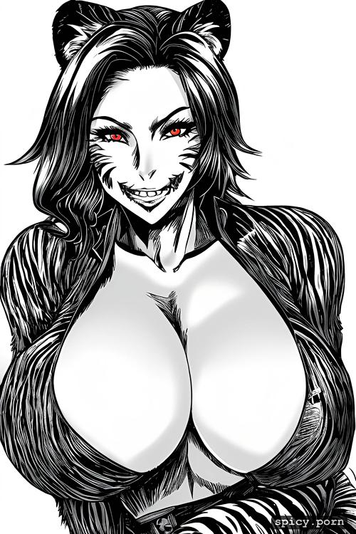 detailed mouth, busty, tiger tail, gigantic boobs, sharp teeth