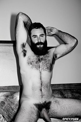 solo masculine hairy hipster guy with a big dick showing full body and perfect face beard showing hairy armpits indoors beefy body brown hair sitting