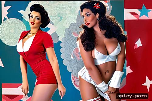 stunning face, full body, intricate hair, plain backdrop, wearing a patriotic pin up style dress