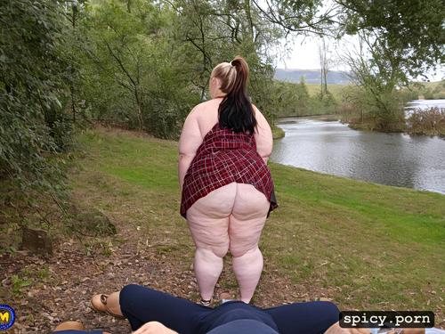 upskirt, ssbbw, thick thighs, large belly, 35 years old, plaid skirt