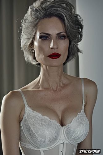 medium shot, very flat boobs, lingerie, eyeshadow, older caucasian woman