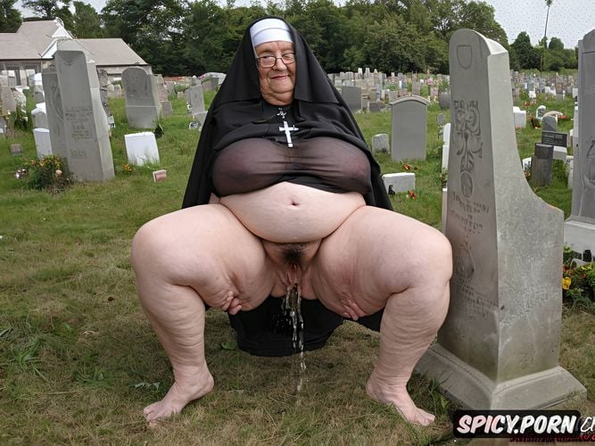 grave with headstone in a cemetery, saggy big huge tits, fat