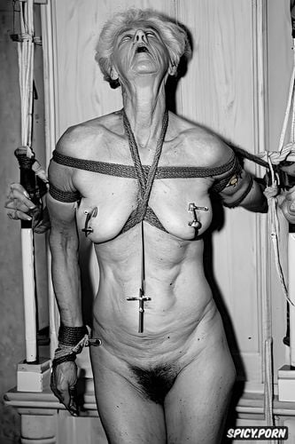 geriatric elderly woman, empty hanging saggy tits, nun, nude