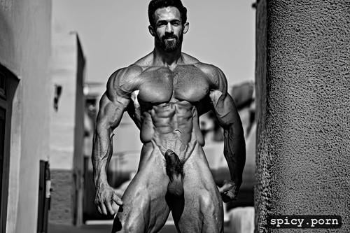 abnormally big dominant, masculine, arab male tall, gay, muscle flex big forearm muscle perfectly shaped 6 pack abs