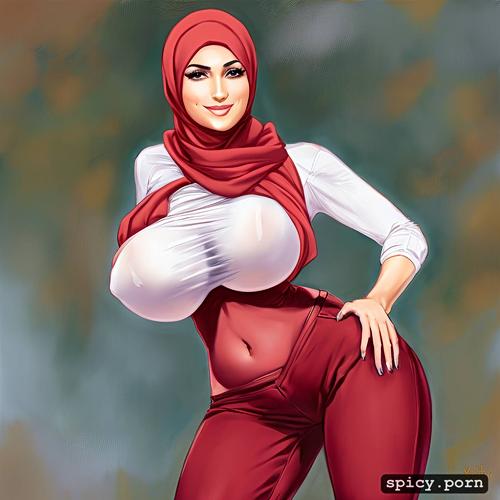 tight jeans, high heels, big natural tits, see through, wearing hijab