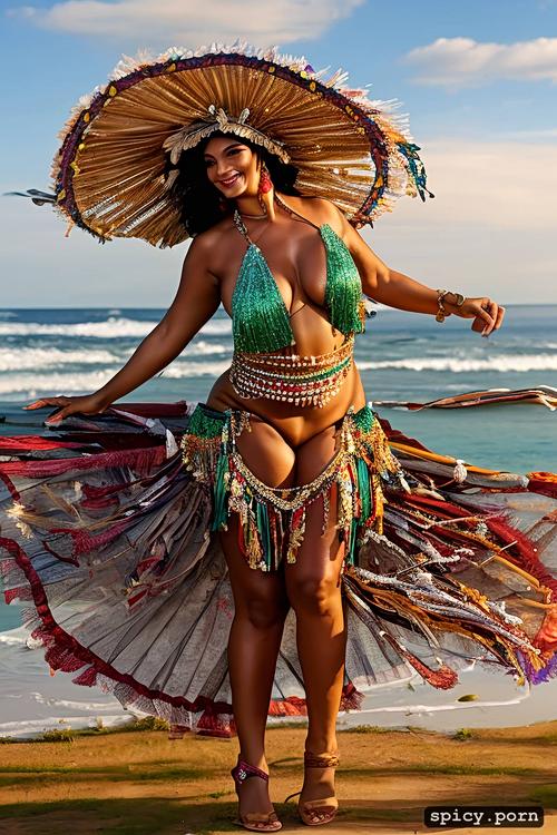 55 yo beautiful tahitian dancer, beautiful smiling face, extremely busty