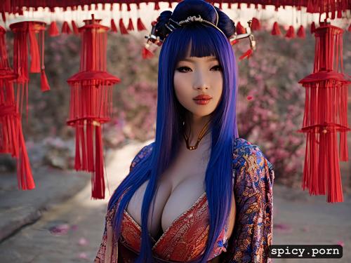 huge tits, purple hair, geisha, erect nipple, intricate hair