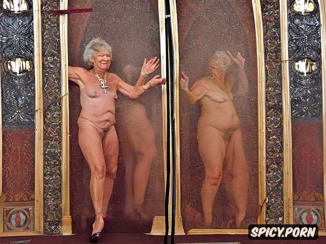 really old wrinkeled granny, nude, cross, nude in church, hollow skinny wrinkled belly