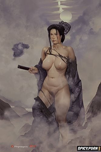 ilya repin painting, nude portrait, steam, samurai sword, small perky breasts