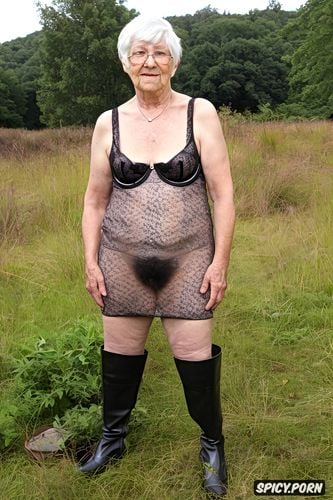 leather boots, background woods, extremly hairy pussy, cellulite