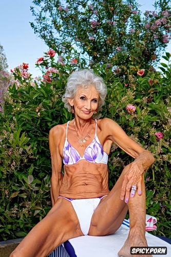 thigh gap, sitting at pool, bikini bra, 50 yo granny, pushes slip aside to seduce stranger