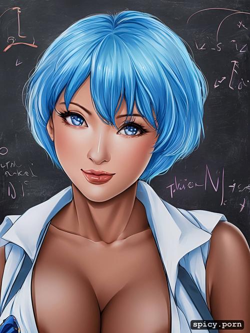 classroom, blue hair, happy face, beautiful face, japanese lady