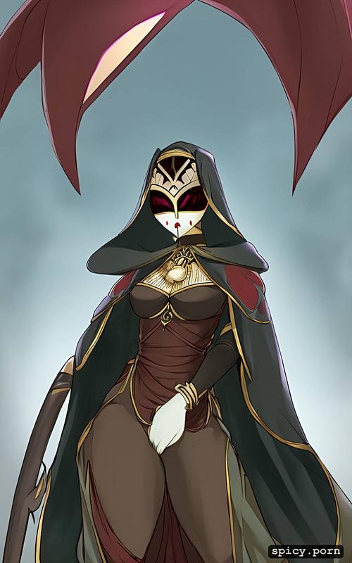 hollow knight, female, big black eyes, sewing needle sword, white mask