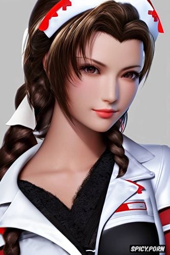 masterpiece, aerith gainsborough final fantasy vii remake female nurse black nurse scrubs white undershirt scrub top opened beautiful face young