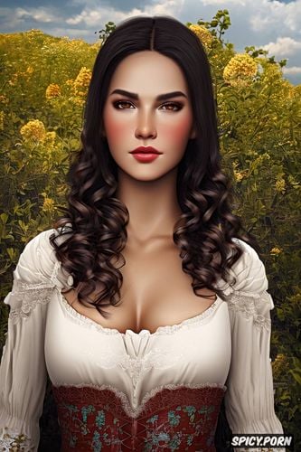 sweet, simple brown peasant farmer dress, masterpiece, bethany hawke dragon age beautiful face rosy skin long soft warm wavy black hair