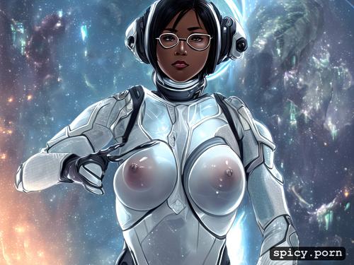 woman, large breasts, scifi sci fi, transparent spacesuit, black asian ethnicity