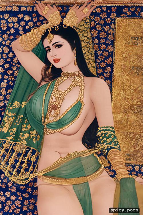 ghagra choli, 16th century courtesan, pinching her breast, smiling