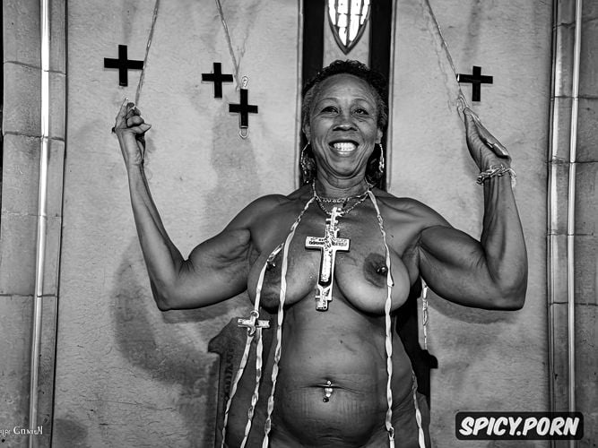 moslim granny, very big hanging belly, cathedral, cross necklace