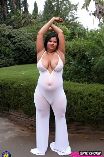 ssbbw hispanic woman in a white and tight night gown, flat chest
