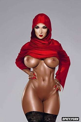 totally naked in only red hijab and nothing else, hourglass shape body