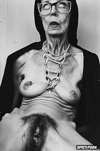 detailed face, ribs showing, shaved pussy, nun, pierced nipples