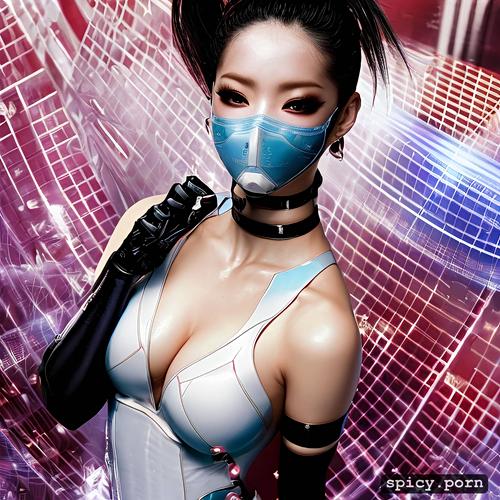 japanese, submerged, long gloves, ponytail, choker, face mask